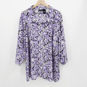 Maggie Barnes Purple Abstract Geometric Button Up Blouse 5X 3/4 Sleeve Retro 90s